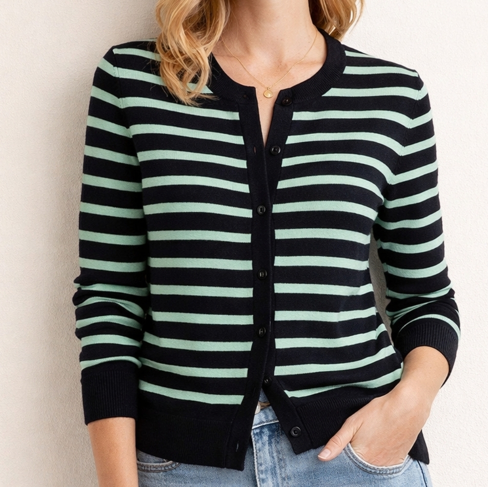 J.Crew Factory Striped Jackie Cardigan Navy Mint Cotton Sweater Size M